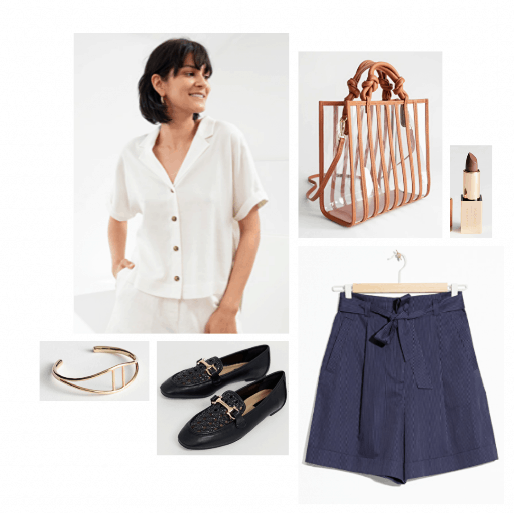 Reality bites inspired outfit with baggy shorts, button-down shirt, loafers, clear bag, lipstick