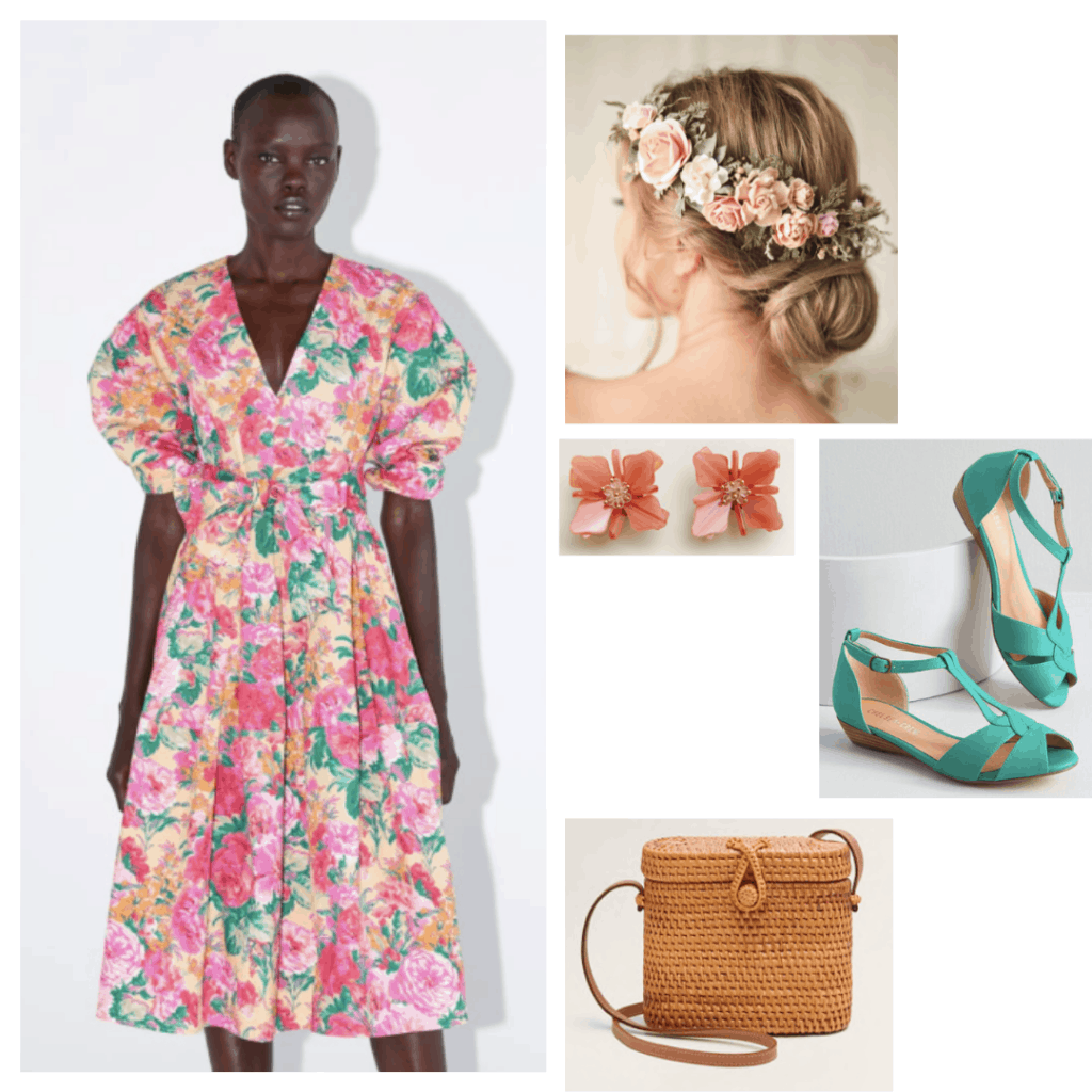 Midsommar movie costumes - fashion inspired by Midsommar with floral dress, floral headpiece, green sandals