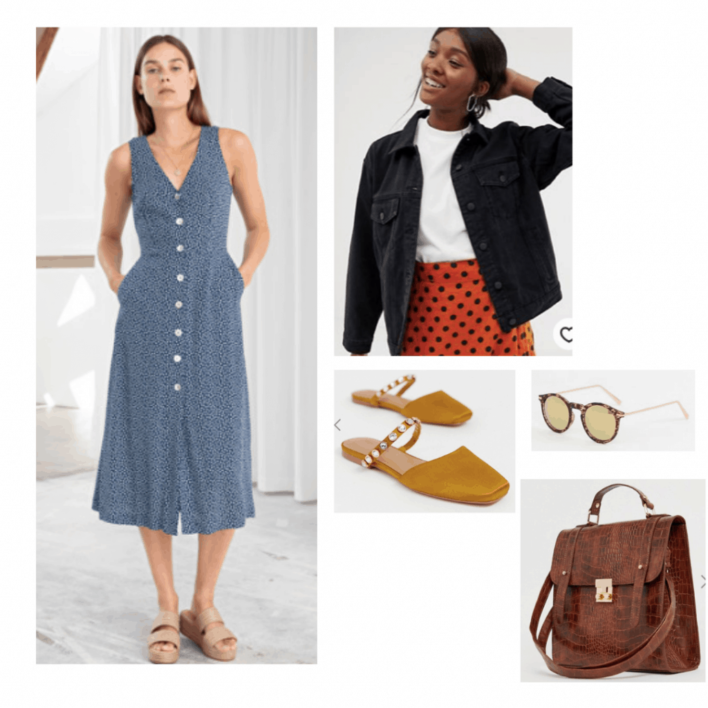 Reality Bites fashion: Outfit inspired by 1990s style with button-front dress featuring floral print, black denim jacket, slip on shoes, sunglasses, satchel bag