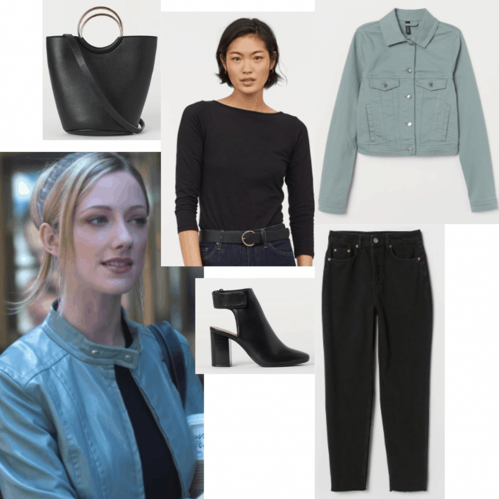 13 going on 30 fashion inspired by Lucy: Outfit with black jeans, black top, black heels, green jean jacket