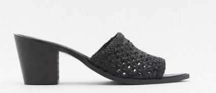 A black, woven, peep-toe mule