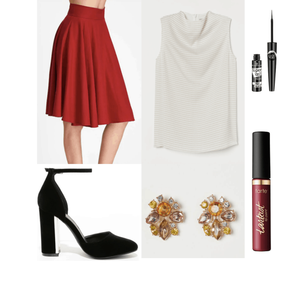 1940s fashion - outfit inspired by the 40s with swing skirt, high neck top, suede shoes, jeweled earrings