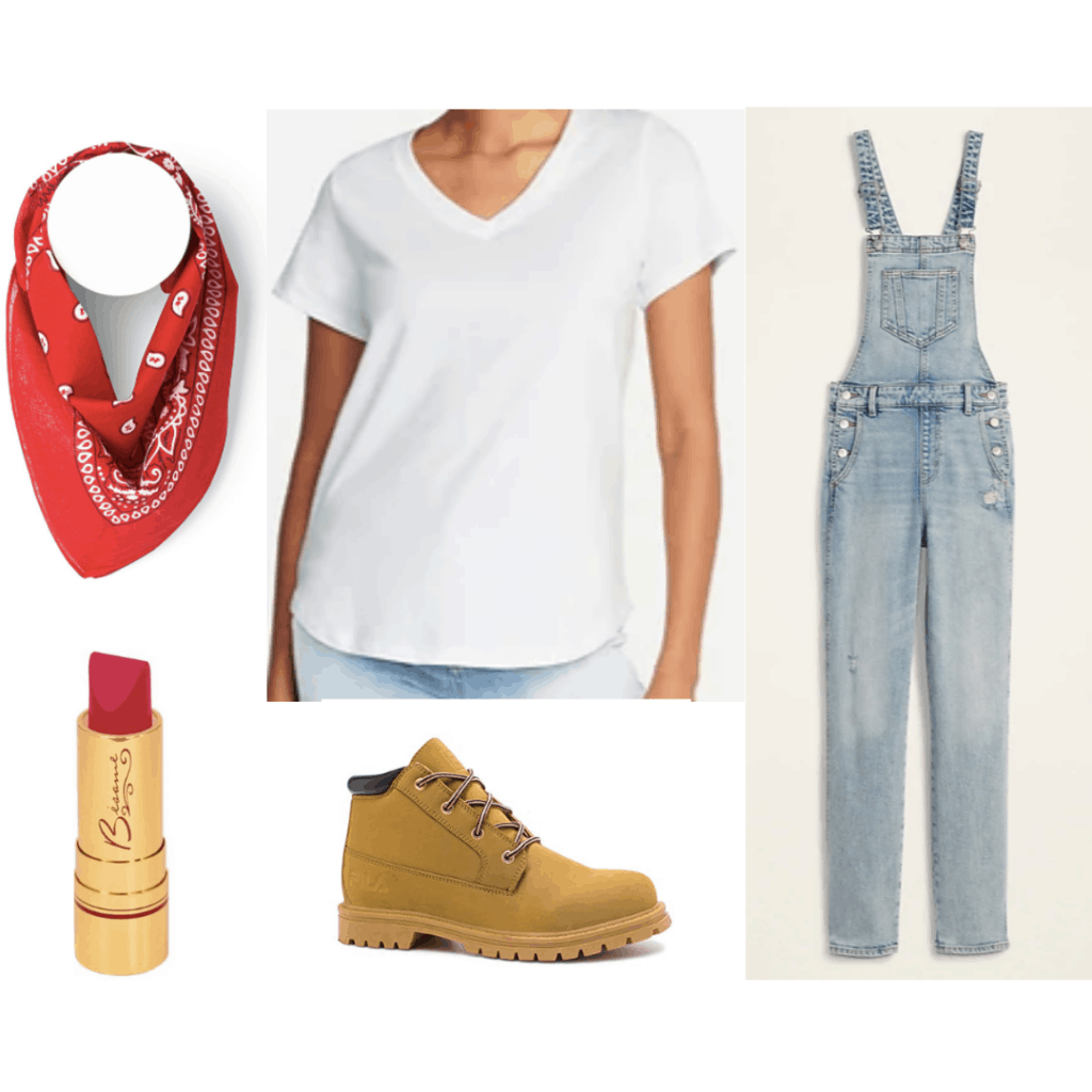 1940s fashion - outfit inspired by Rosie the Riveter with white tee shirt, overalls, lipstick, red bandana, work boots