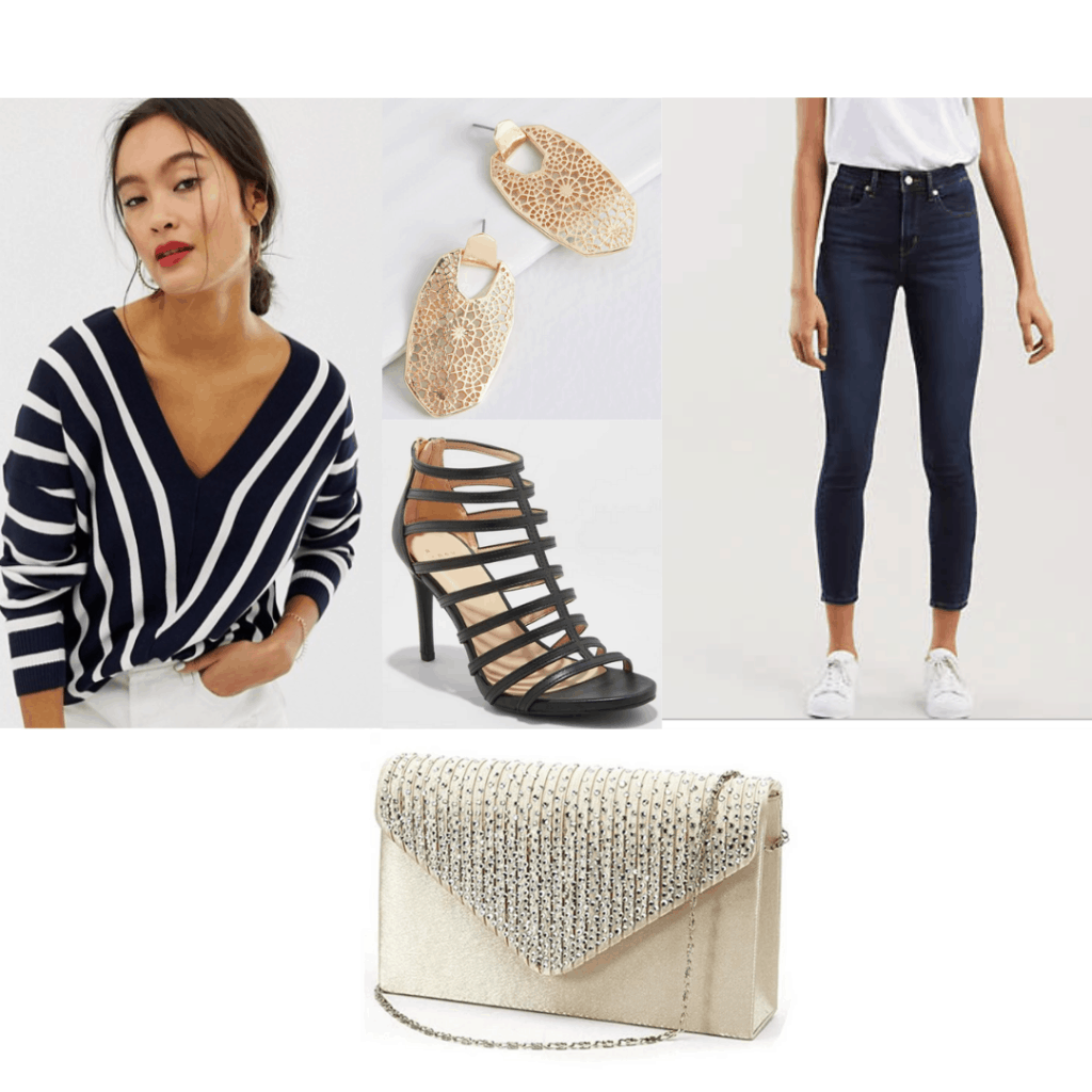 1930s fashion - outfit inspired by the 30s with Striped sweater, skinny jeans, golden jewelry and purse, strappy heels