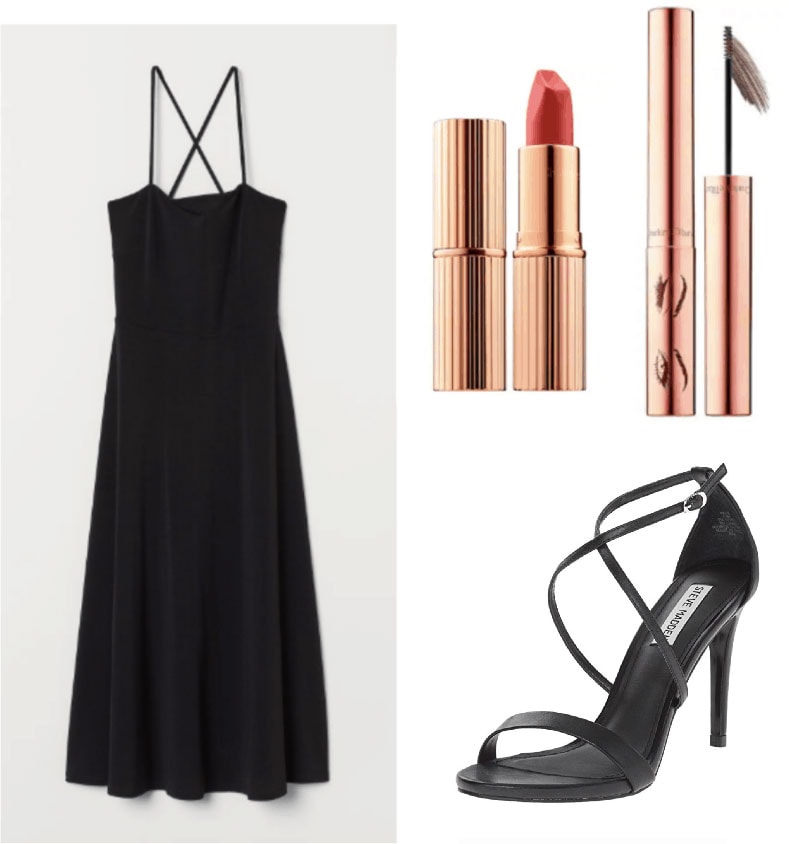 1930s fashion outfit with little black dress, simple strappy heels, lipstick and brow gel