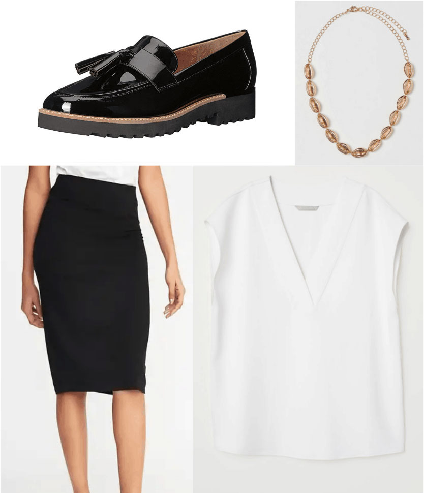 1930s fashion - outfit inspired by the 1930s with chunky loafers, pencil skirt, loose blouse, necklace