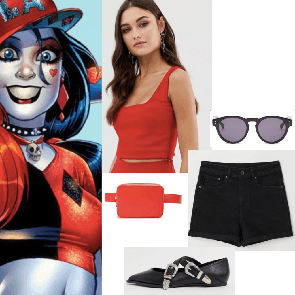 Harley Quinn outfit with black shorts, red cropped tank, red belt bag, black buckle shoes, black sunglasses