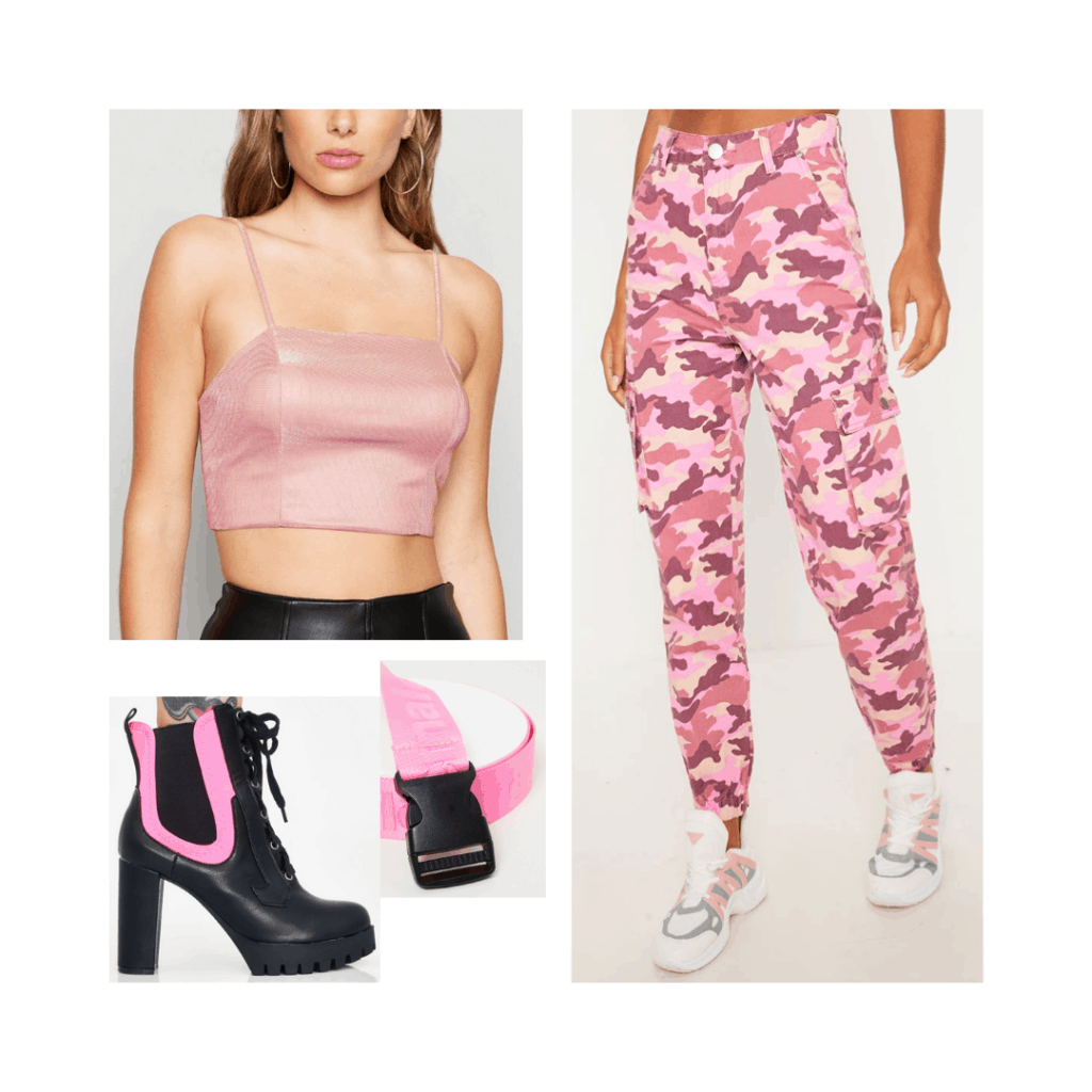 What to wear to an Ariana Grande concert - cute outfit idea with camo pants, pink boots, crop top 