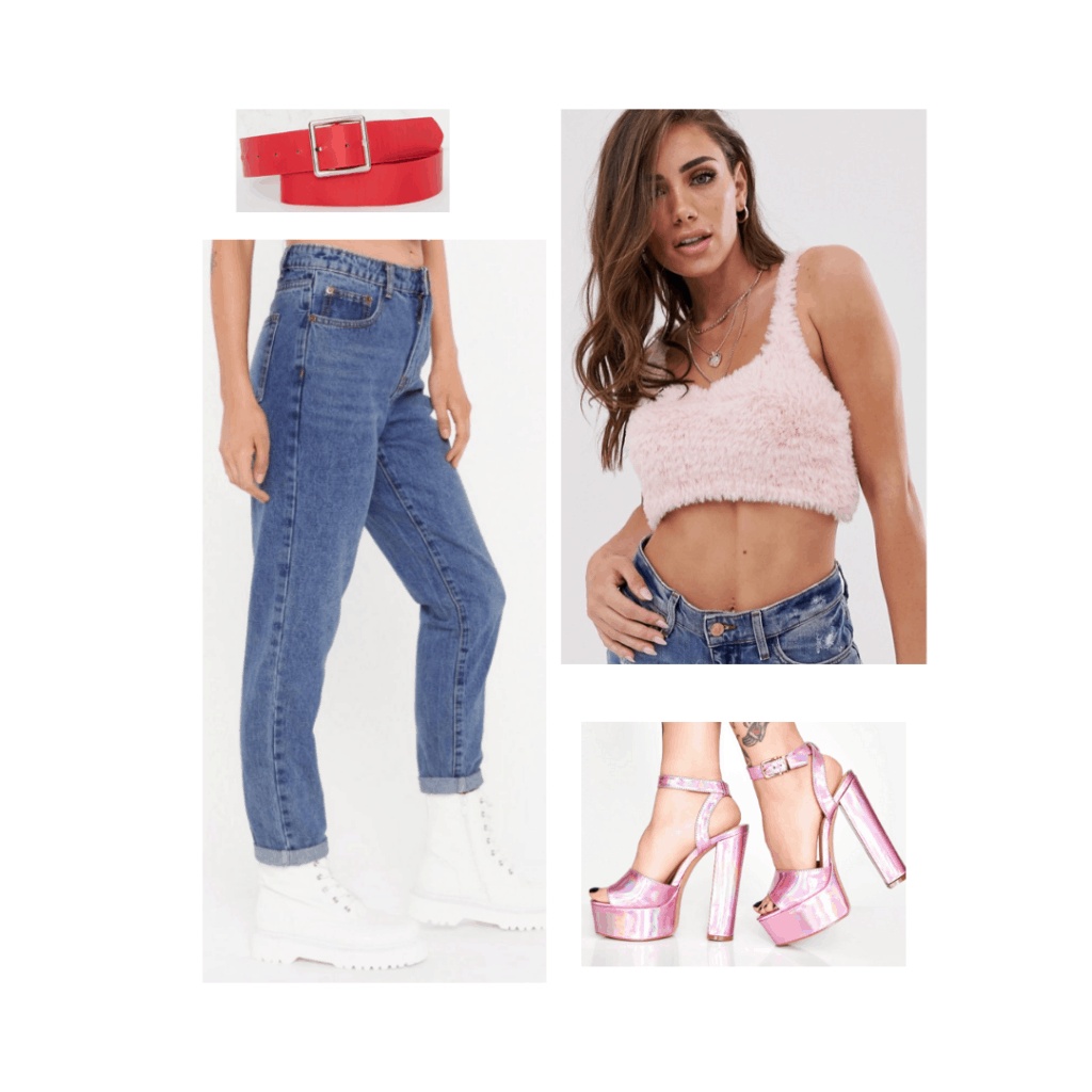 Ariana Grande concert outfits - look inspired by the thank u next video with pink fluffy crop top, mom jeans, platforms