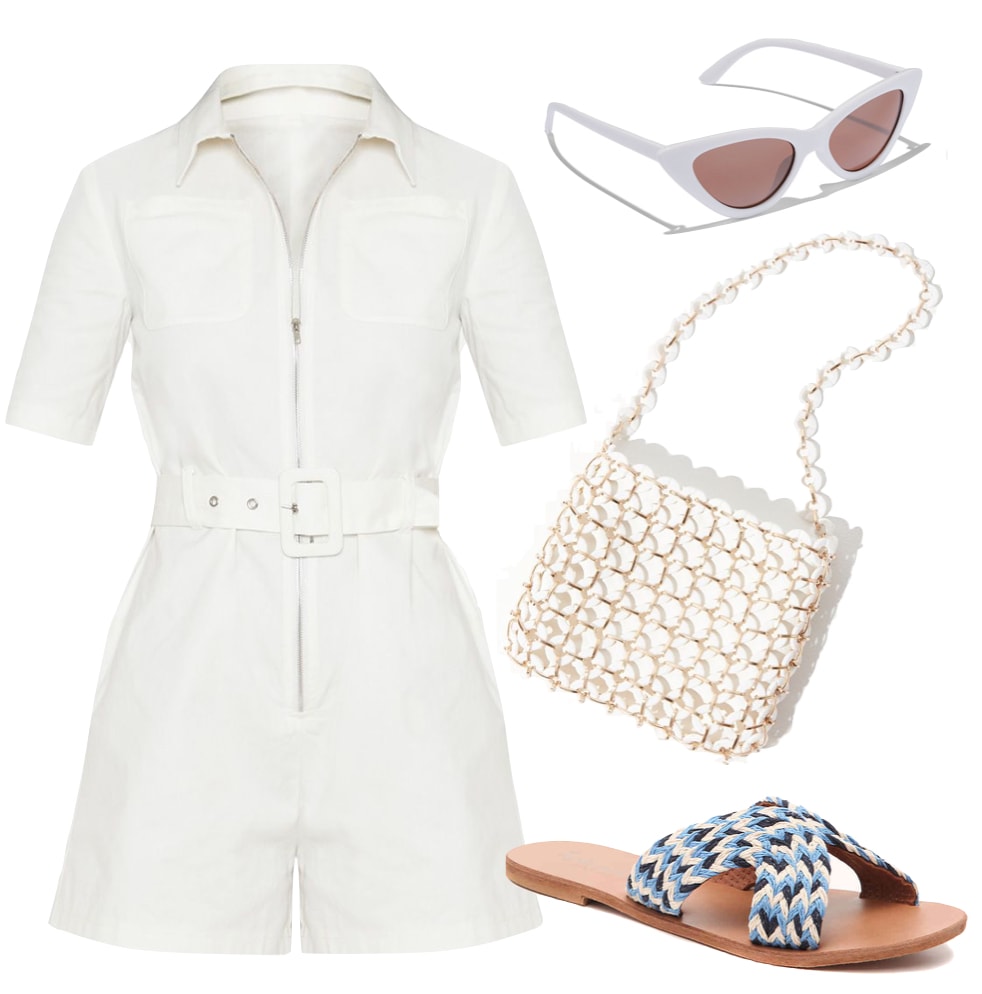 Anastasia "Stassie" Karanikolaou Outfit: white short sleeve belted utility romper, white cat-eye sunglasses, white beaded shoulder bag, and blue flat sandals