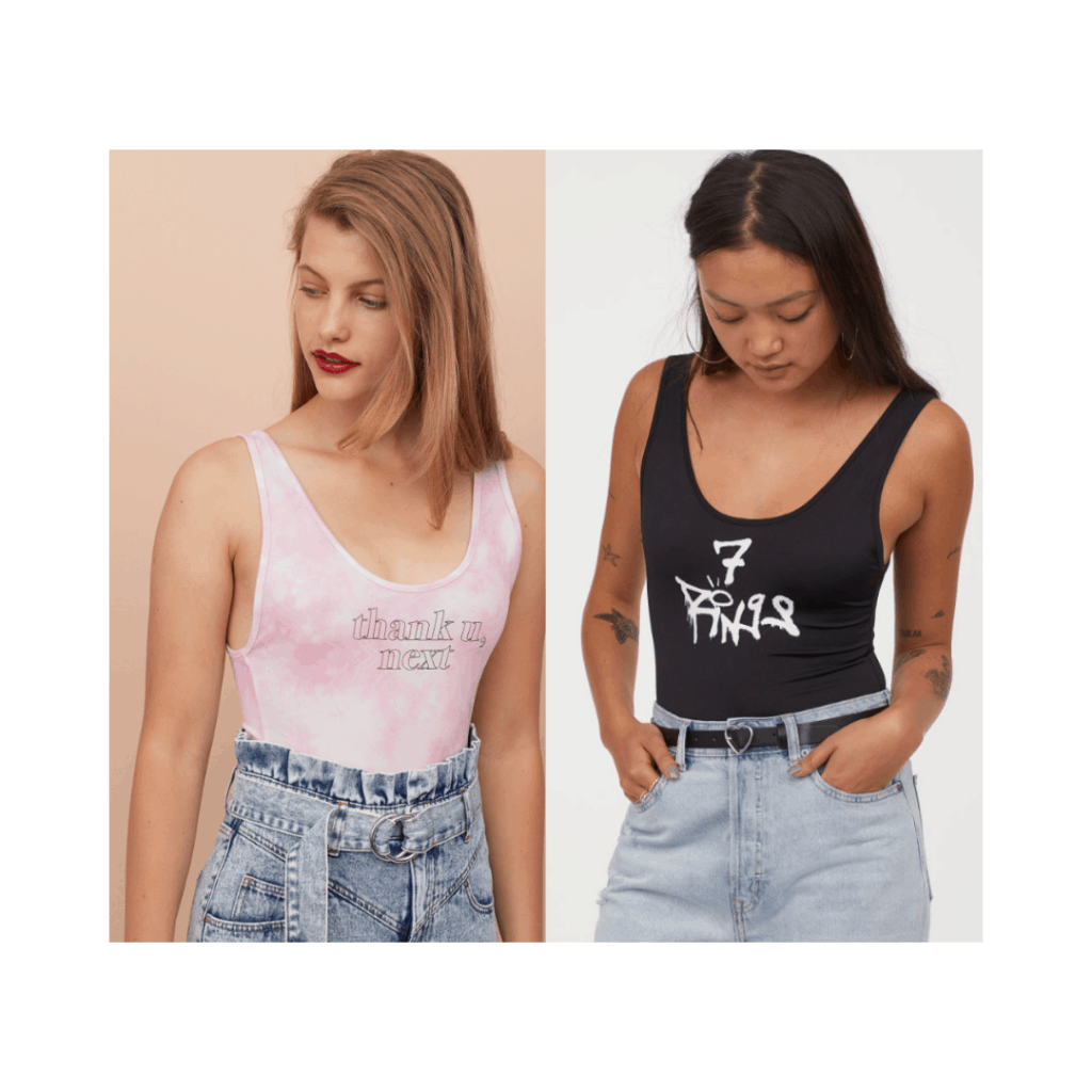 Ariana Grande concert outfits - H&M bodysuits saying thank u next and 7 rings