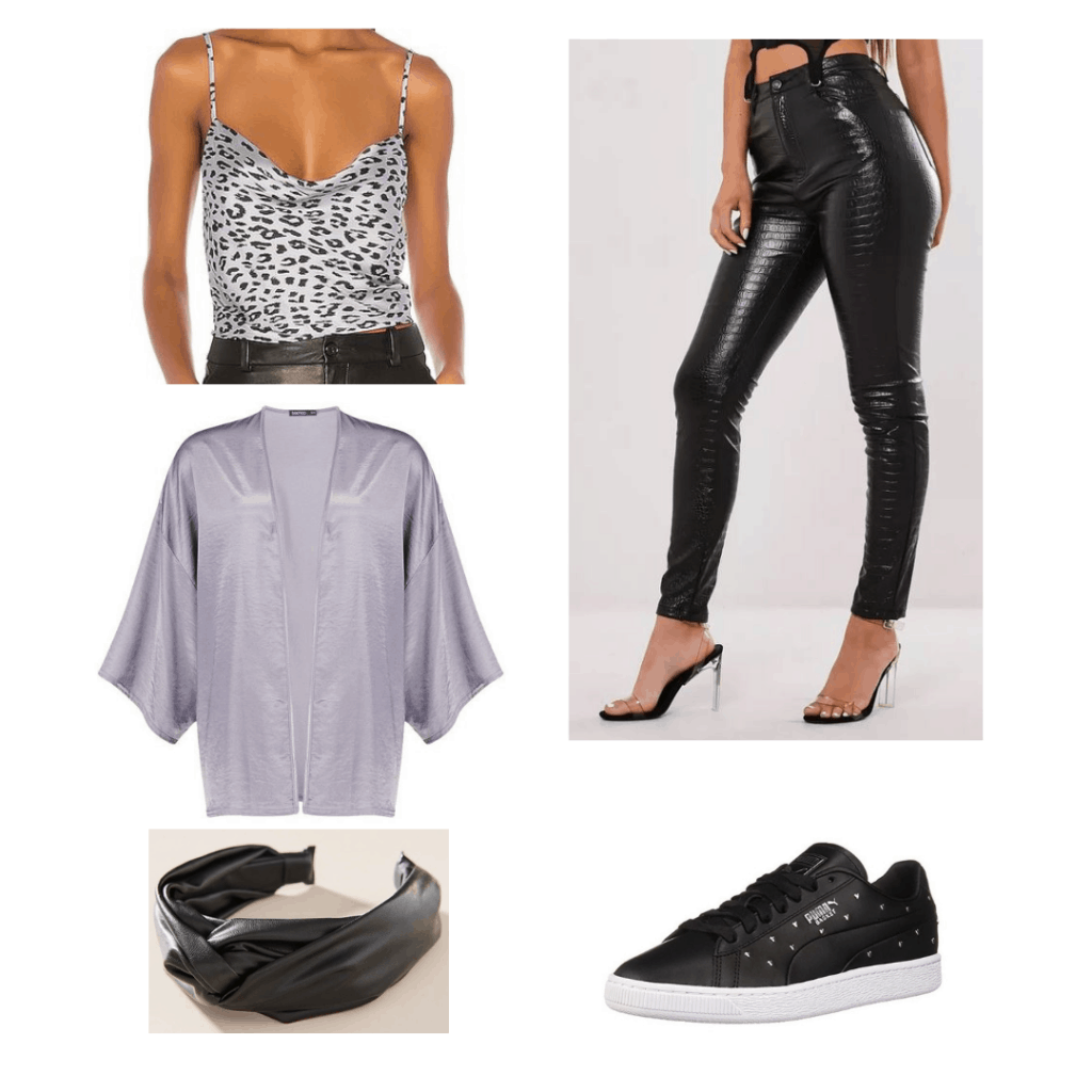 The Fates outfit; short grey kimono coat, grey leopard tank top, leather jeans, leather headband, leather sneakers.