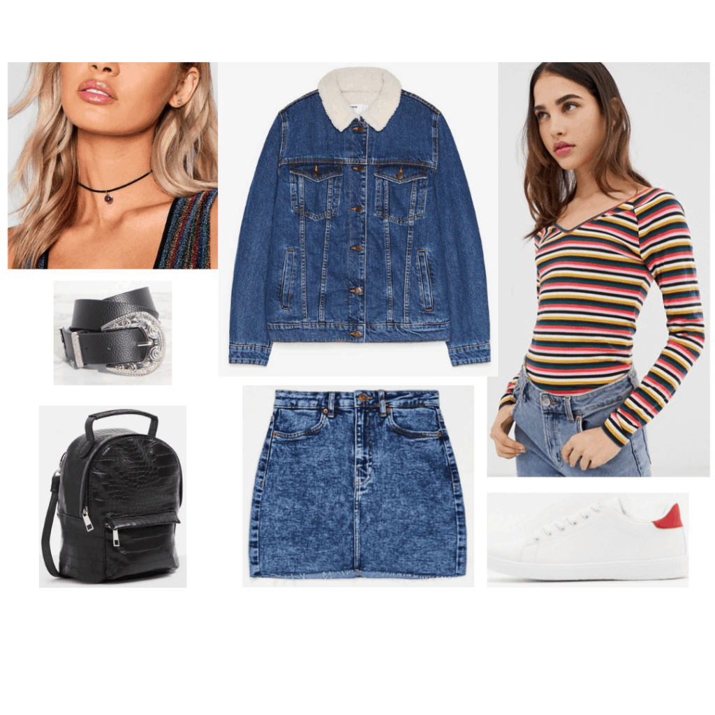 Outfit inspired by Erin on Derry Girls with acid wash denim skirt, denim jacket, striped tee