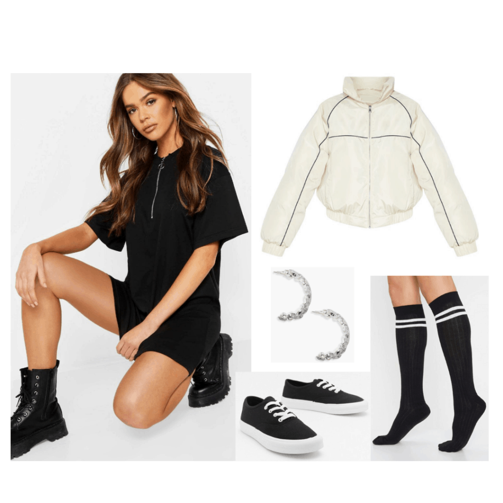 Derry Girls Michelle style - outfit with black dress, knee high socks, white zip jacket, vans sneakers