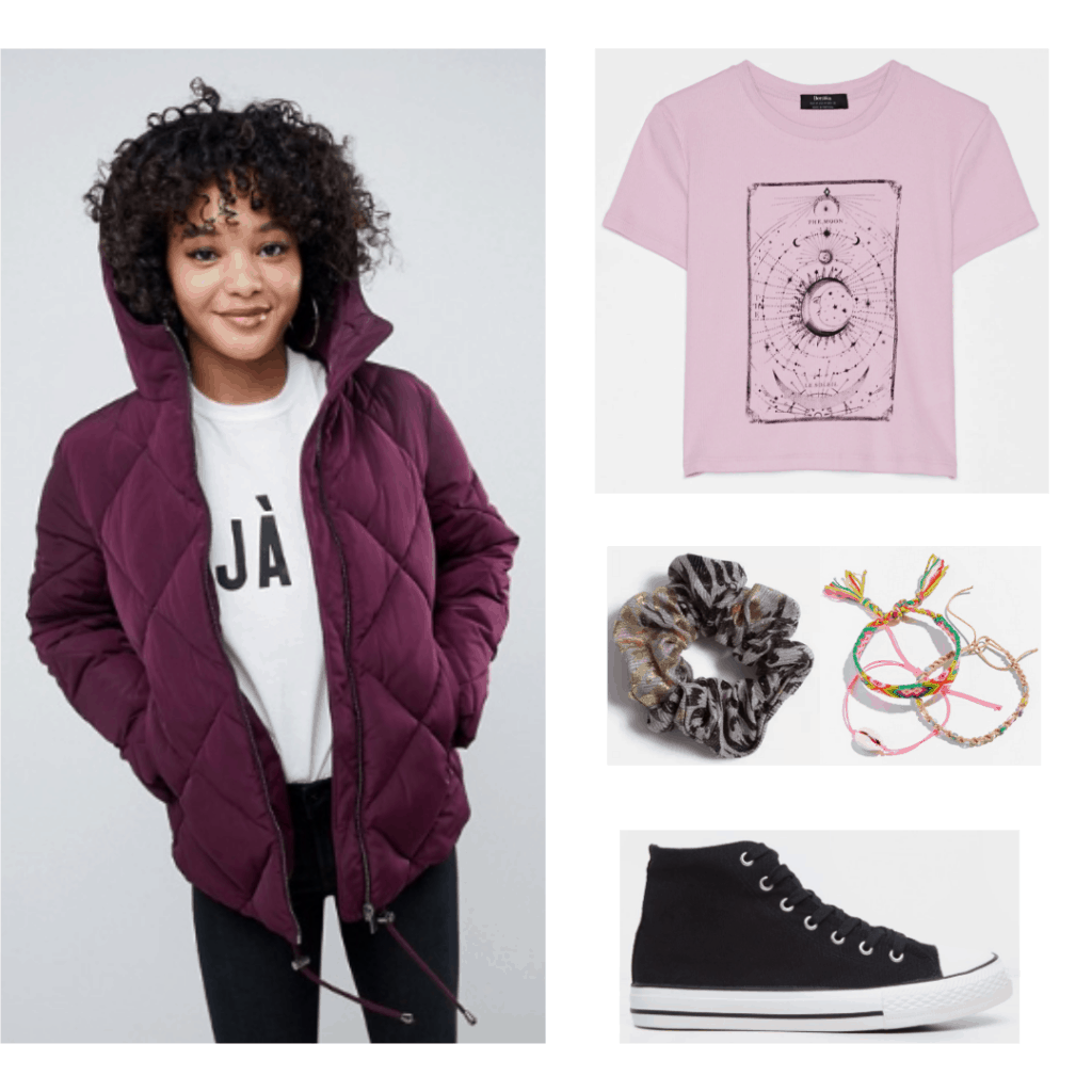 Derry Girls Orla style outfit with quilted jacket, tee shirt, scrunchie, sneakers