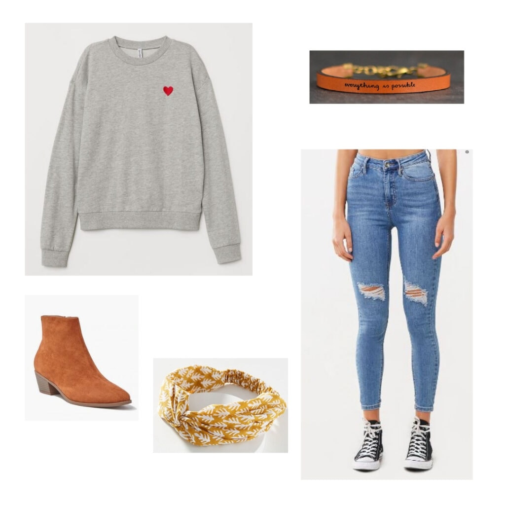 Eurydice outfit; heart sweatshirt, boots, jeans, bracelet, headband.