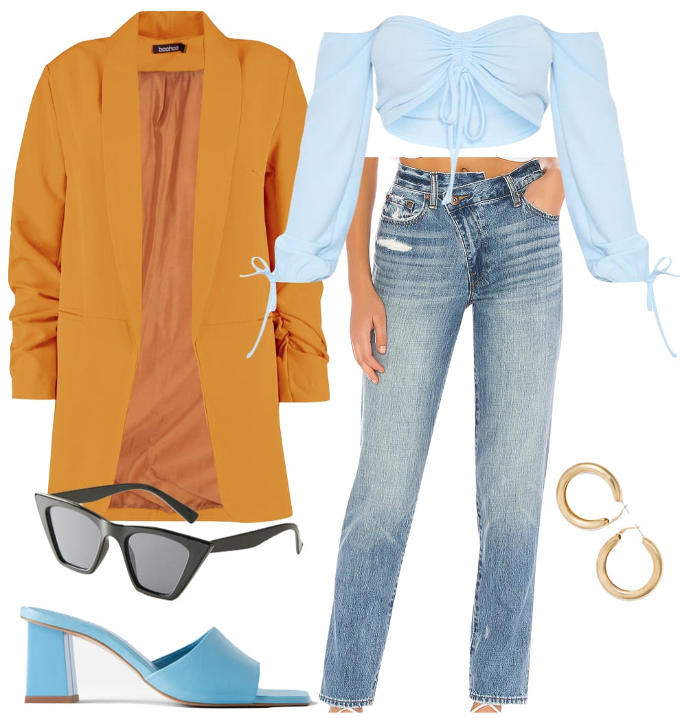 denim and mustard outfit