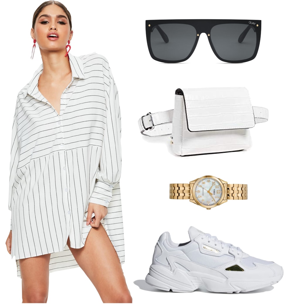 Kylie Jenner Outfit: black and white striped shirt dress, black flat top rimless sunglasses, white crocodile belt bag, gold watch, and chunky white sneakers