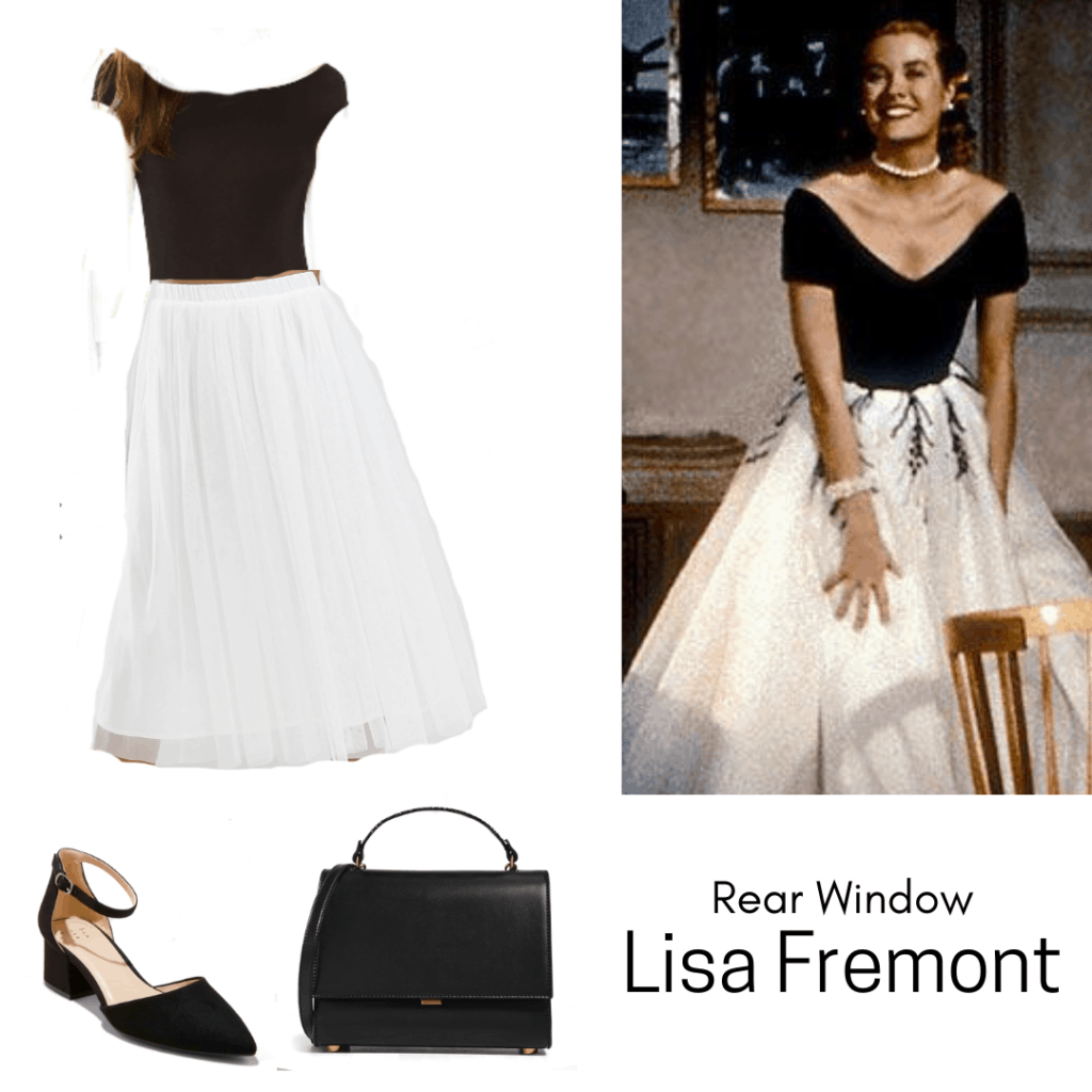 Rear Window inspired outfit for the mystery genre - White skirt, black top, black purse, black heels