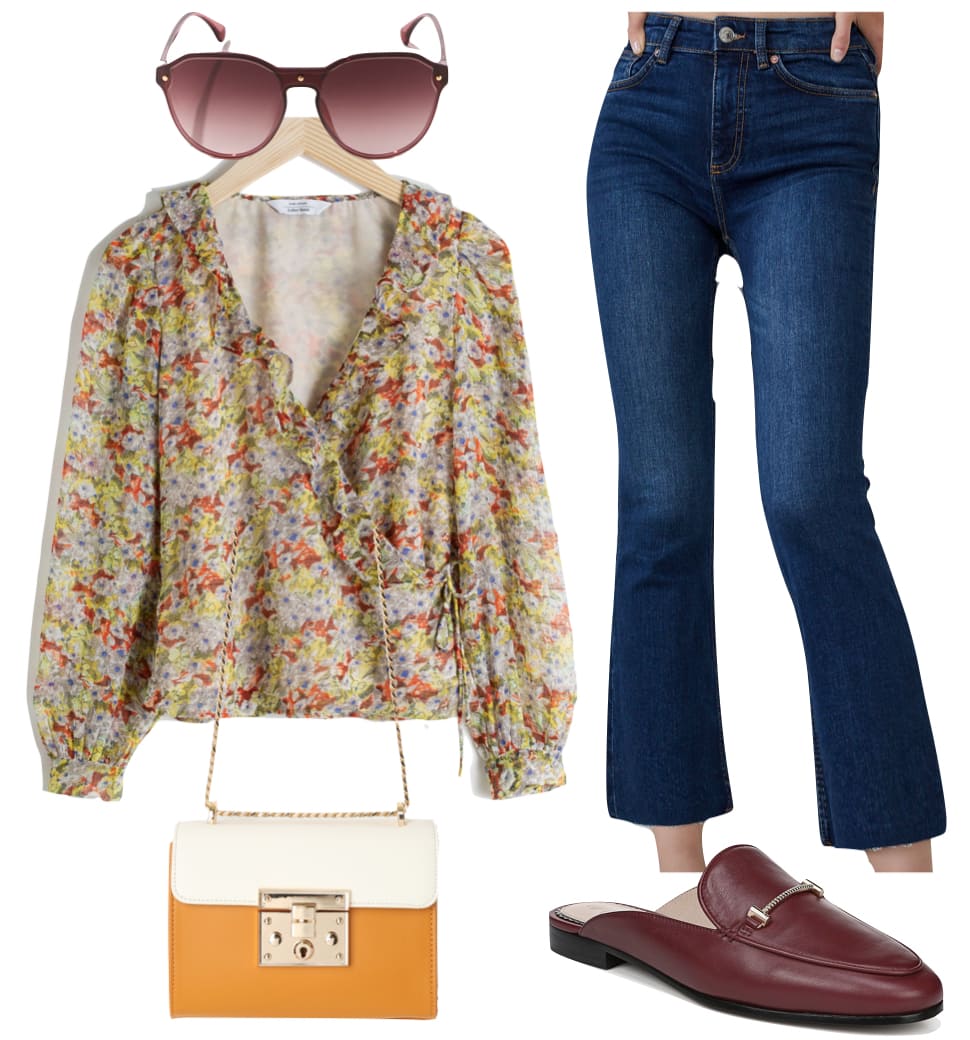 Lucy Hale London Outfit 1: yellow floral print blouse, dark raw hem crop flared jeans, round burgundy sunglasses, burgundy loafer mules, and two tone yellow and cream color block crossbody bag