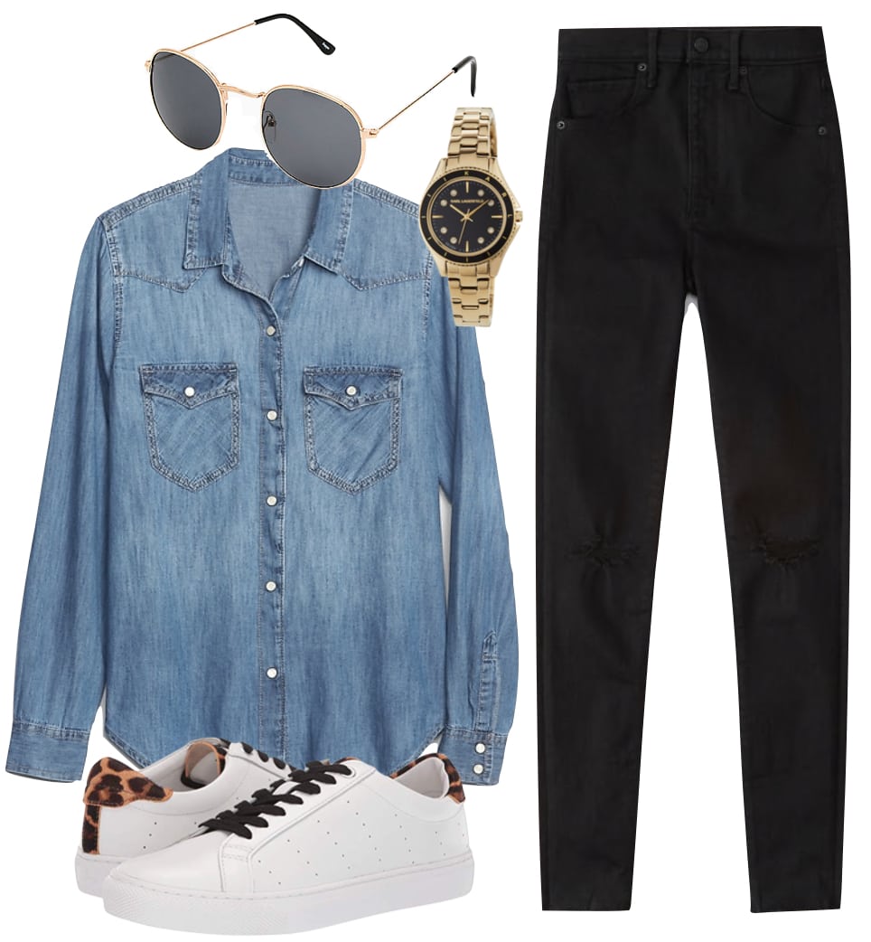 Lucy Hale Paris Outfit: denim button down shirt, black skinny jeans, round black and gold sunglasses, a two tone watch, and leopard print low top sneakers