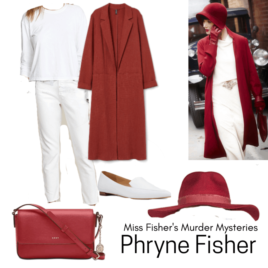 Miss Fisher's Murder Mysteries fashion - outfit inspired by Phryne Fisher with red coat and white pants