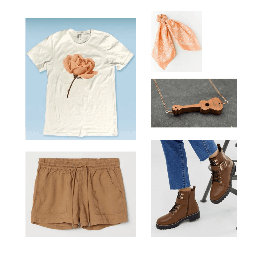 Orpheus outfit; flower graphic tee, khaki shorts, bandana scrunchie, boots, guitar necklace.