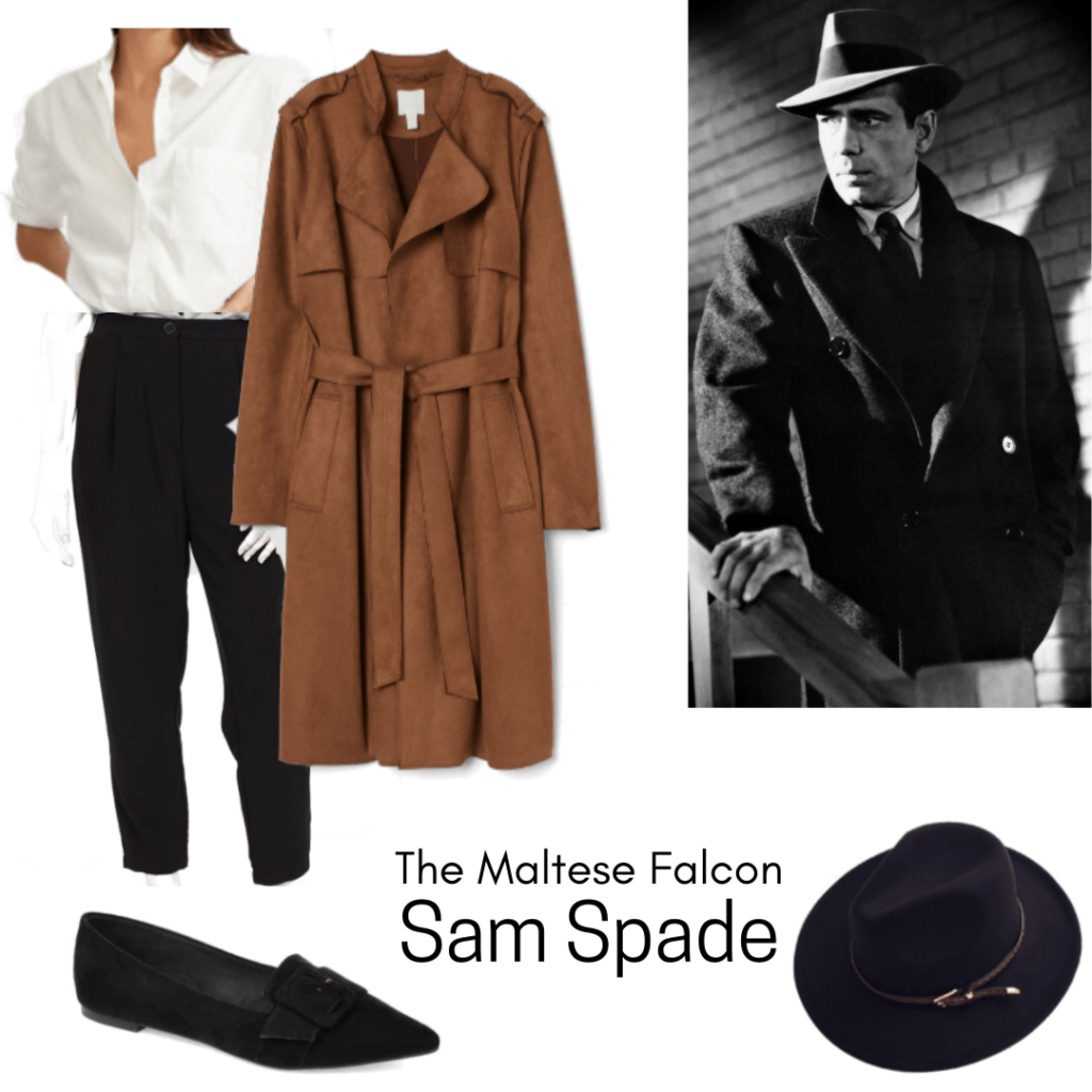 Sam Spade Maltese Falcon inspired outfit with black pants, camel coat, loafers, black hat