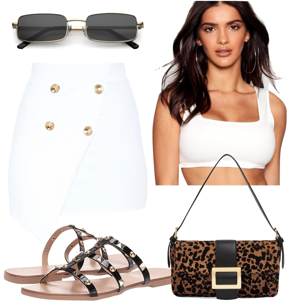 Sofia Richie Outfit: white square neck crop top, white mini skirt with gold buttons, black rectangle sunglasses, printed shoulder bag, and black studded flat sandals