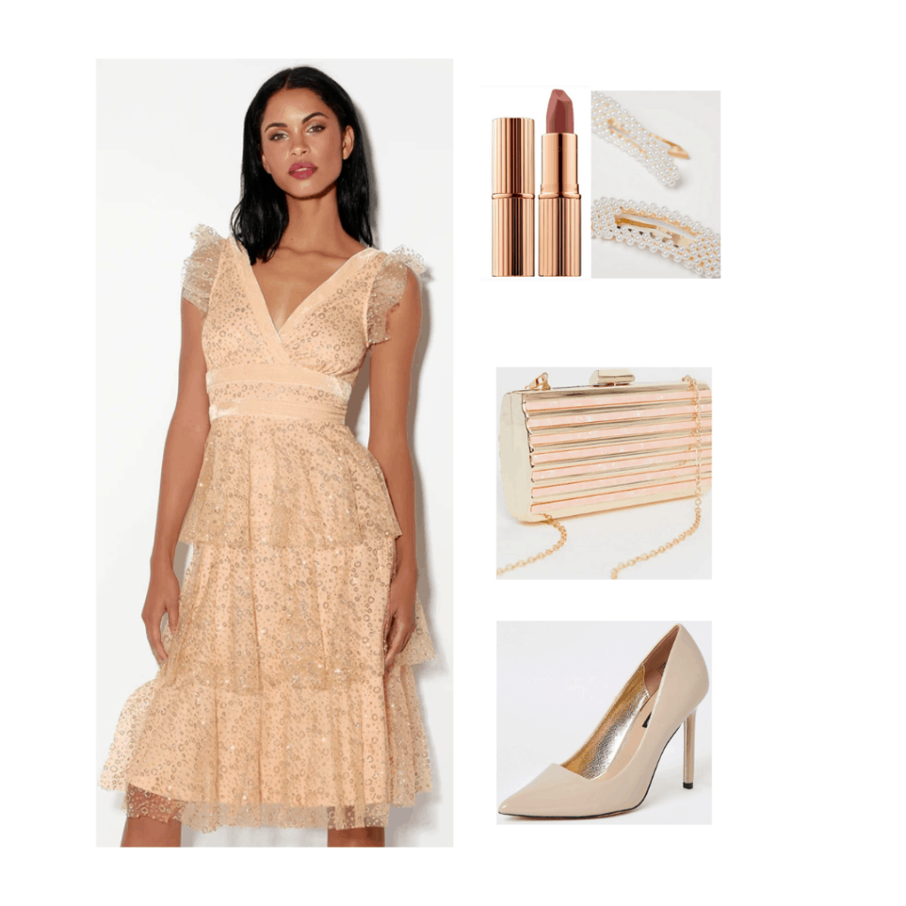 Taylor Swift Daylight inspired outfit with lace dress, nude pumps, rose gold purse