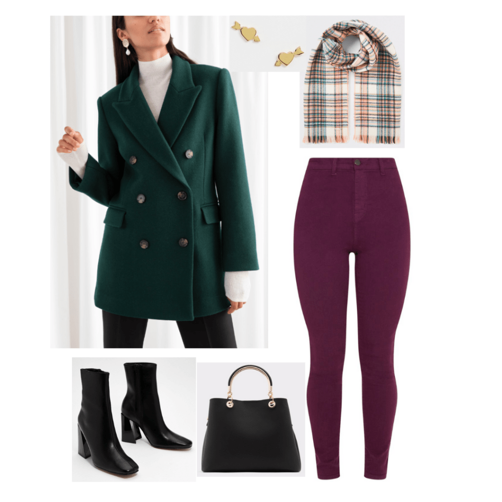 Taylor Swift Lover fashion - Outfit inspired by the track Cornelia Street with purple jeans, green double breasted blazer, checkered scarf, black boots