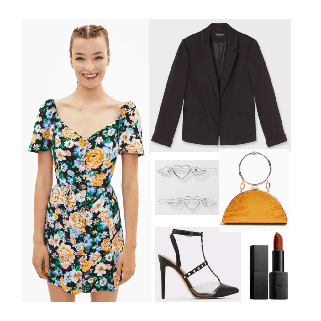 Taylor Swift Lover fashion - outfit inspired by Cruel Summer with floral dress, black blazer, mustard yellow bag, studded heels