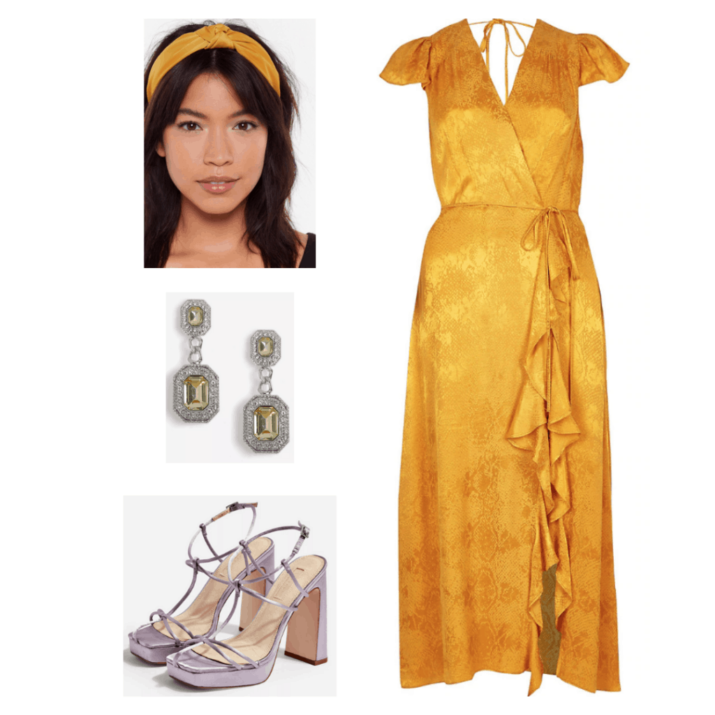 Taylor Swift Lover fashion inspiration - outfit inspired by the Lover music video with yellow dress, strappy heels, yellow headband and earrings