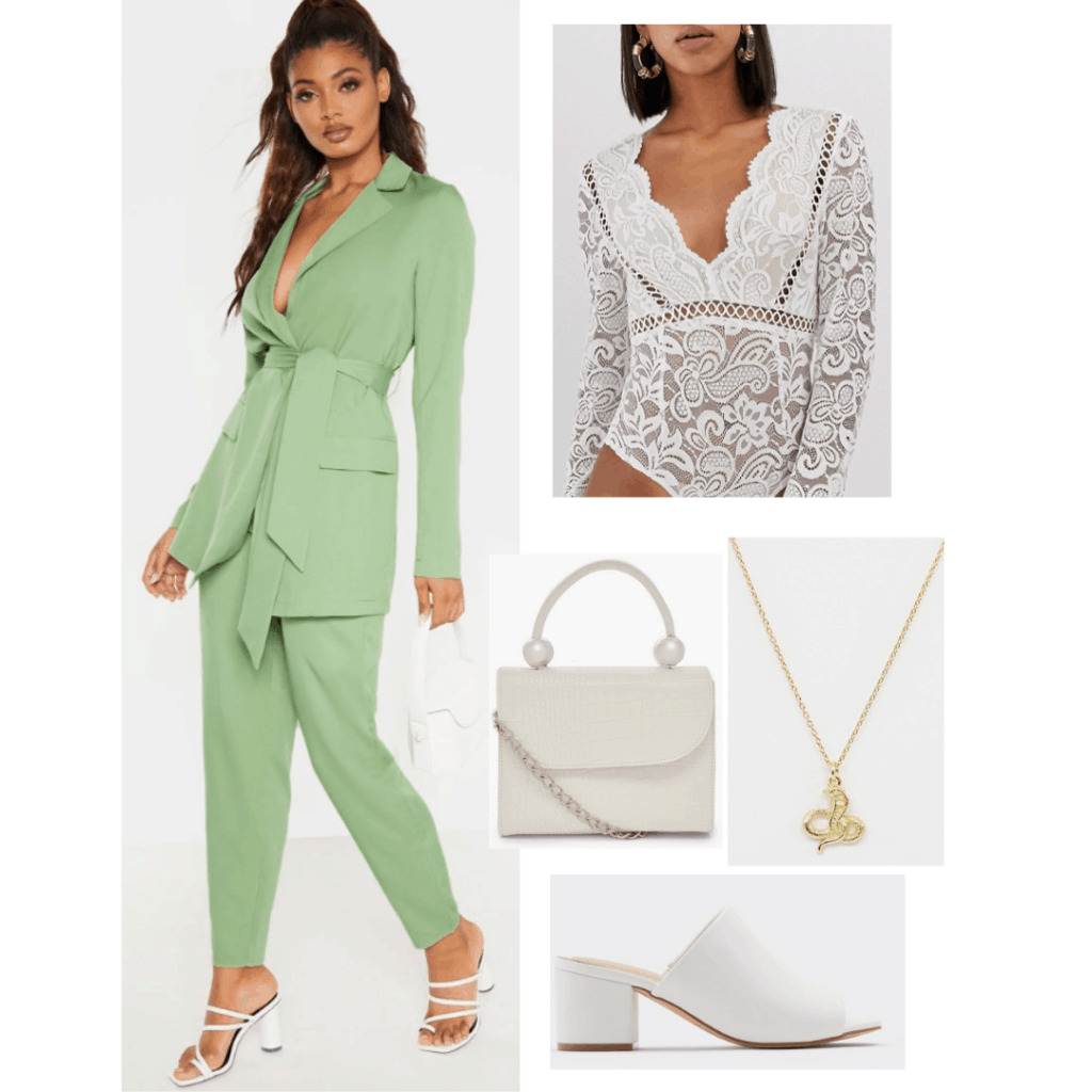 Outfits inspired by Taylor Swift's Lover album - green suit and white lace bodysuit inspired by The Man