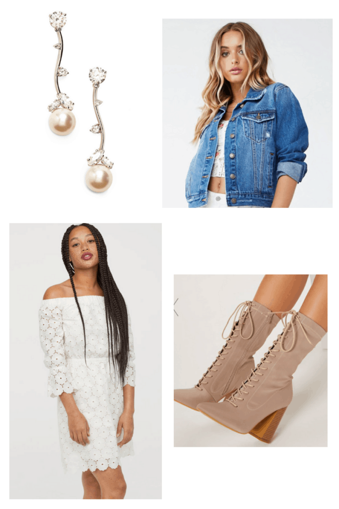 French singer inspired outfit college fashion - outfit inspired by Indila with little white lace dress, lace up ankle boots, oversized denim jacket, pearl earrings