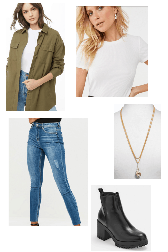 French singer inspired outfit college fashion - Aya Nakamura fashion with medium wash jeans, white tee, oversized green jacket, gold shell necklace