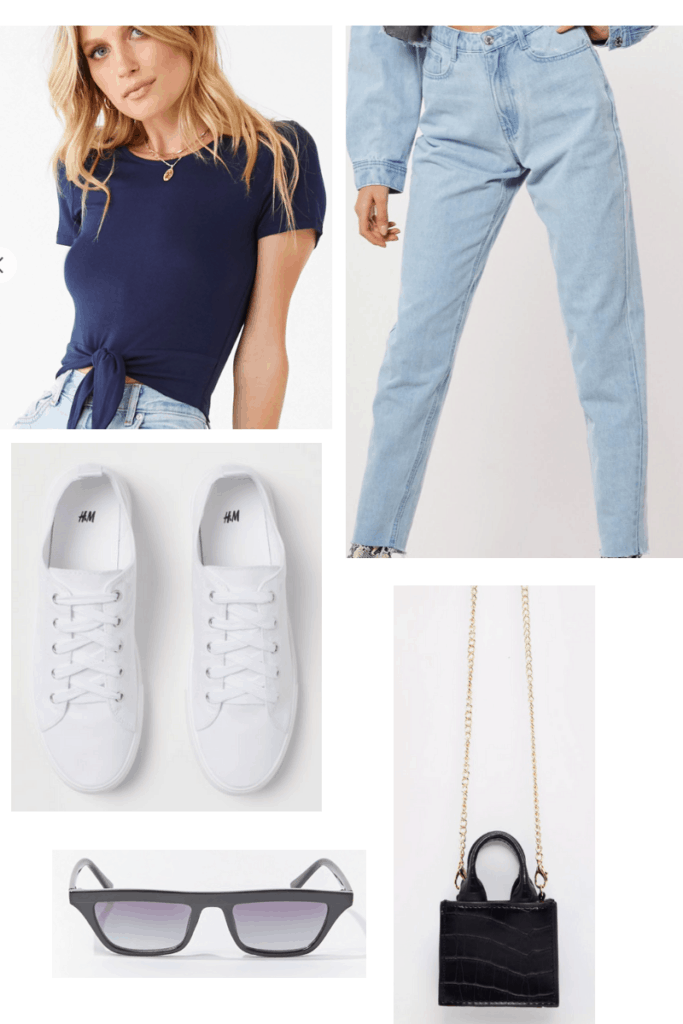 Outfit inspired by the French singer Tal's style with white sneakers, mom jeans, tie waist tee shirt, black chain strap bag, and black sunglasses