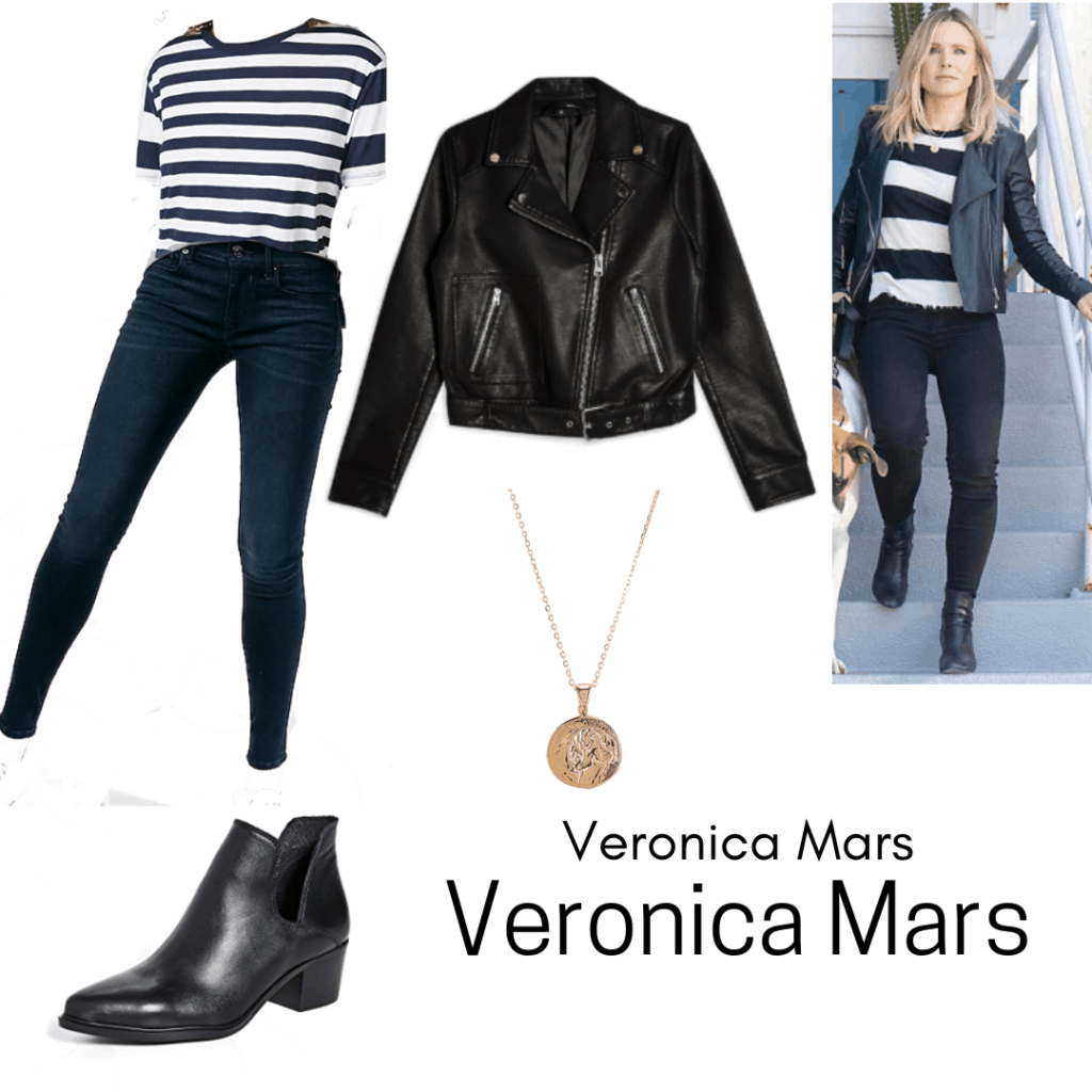 Veronica Mars outfit inspired by the mystery genre - Black skinny jeans, striped shirt, black boots, gold necklace