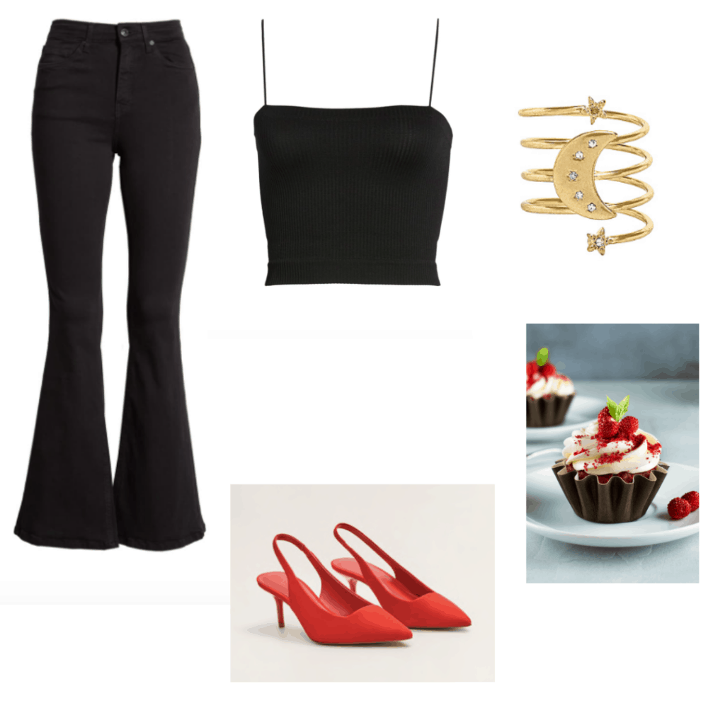 Birthday outfits - cute all black birthday outfit with flared jeans and red shoes