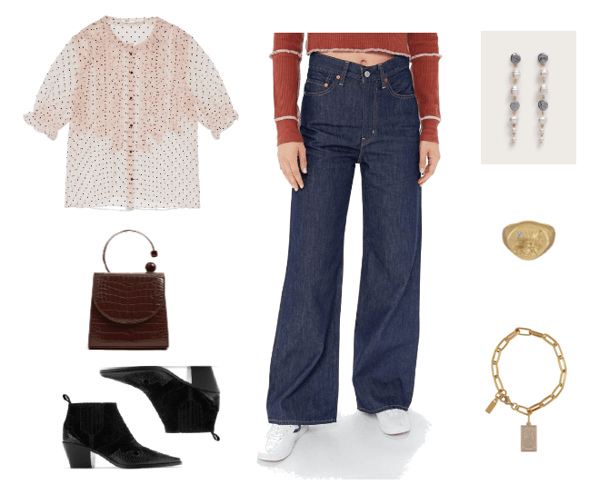 Fall denim trends for 2019: Outfit #1: Wide-Leg Jeans with polka dot blouse, chunky heel ankle boots, simple jewelry