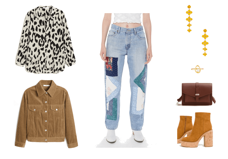 Outfit #2: Patchwork Jeans look with printed blouse, platform boots, corduroy jacket