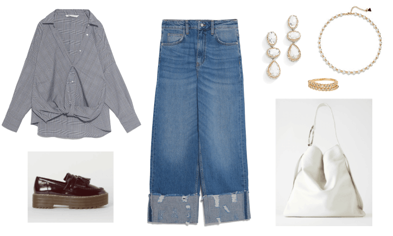 Outfit #3: Straight-Leg Jeans outfit with button down blouse, slouchy bag, chunky shoes