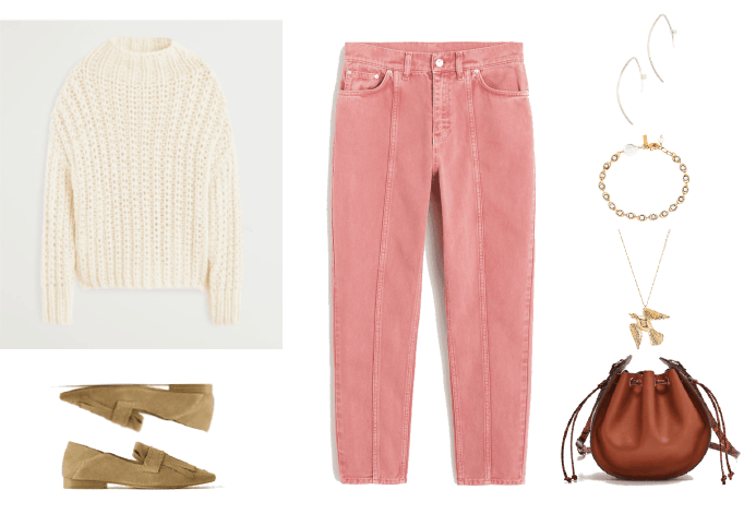 Fall denim trends Outfit #4: Seamed Jeans with pink corduroy jeans, sweater, loafers