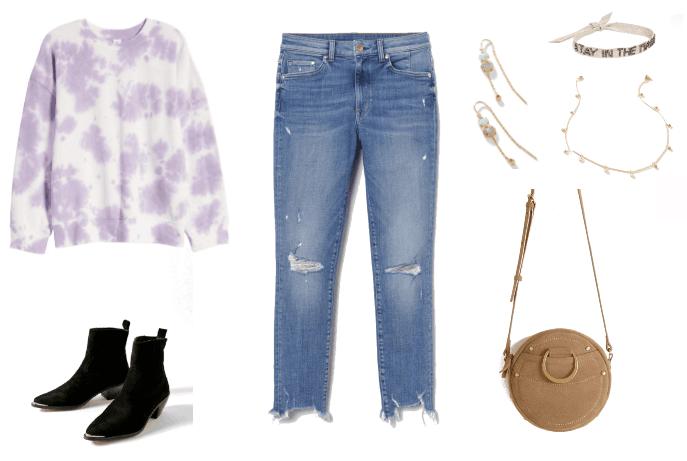 Skinny jeans outfit with ripped skinnies, black pointed toe boots, tie dye sweatshirt, circle crossbody