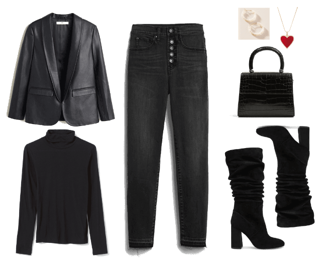 All black outfit idea with black skinny jeans, black turtleneck, black knee high boots, top handle bag, black leather blazer