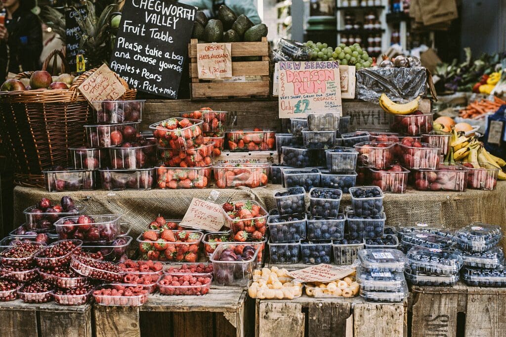 Fruit stand at a farmers' market.