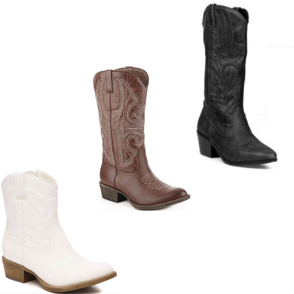 College theme party clothes - Black, brown and white cowboy boots. 