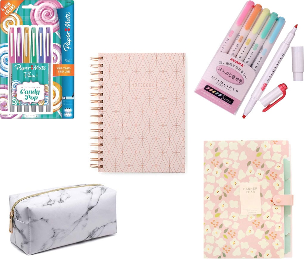 Cute school supplies for college: Colored pens, midliners, marble pencil case, printed file folder, printed notebook