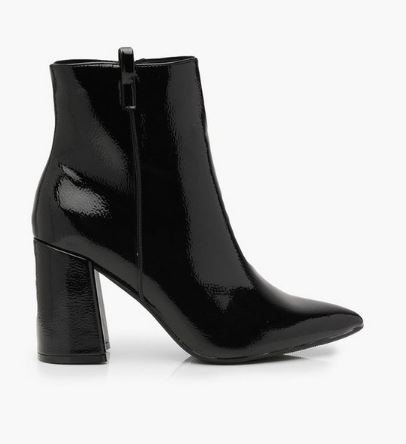 Fall shoe trends - block heel bootie from boohoo, shiny patent leather