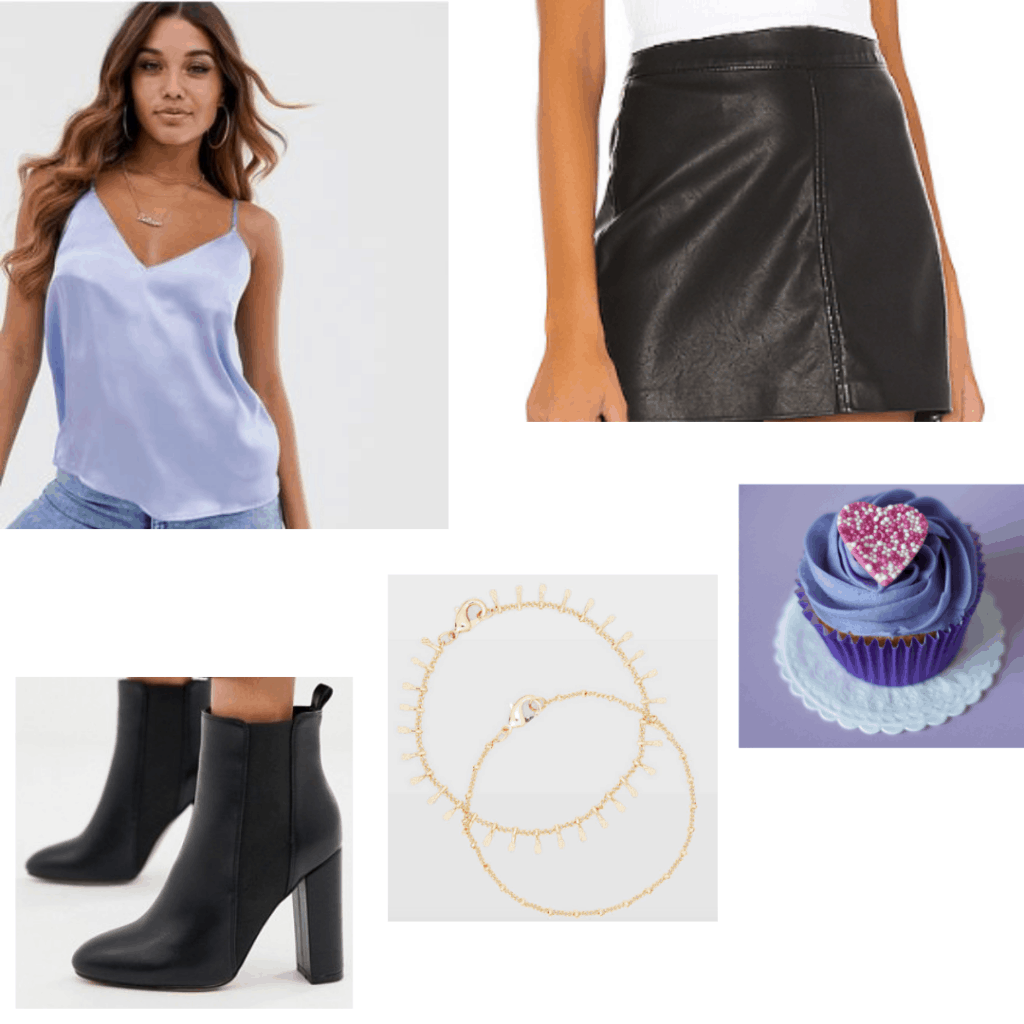 Birthday outfits ideas - lavender tank, leather skirt, ankle boots, choker